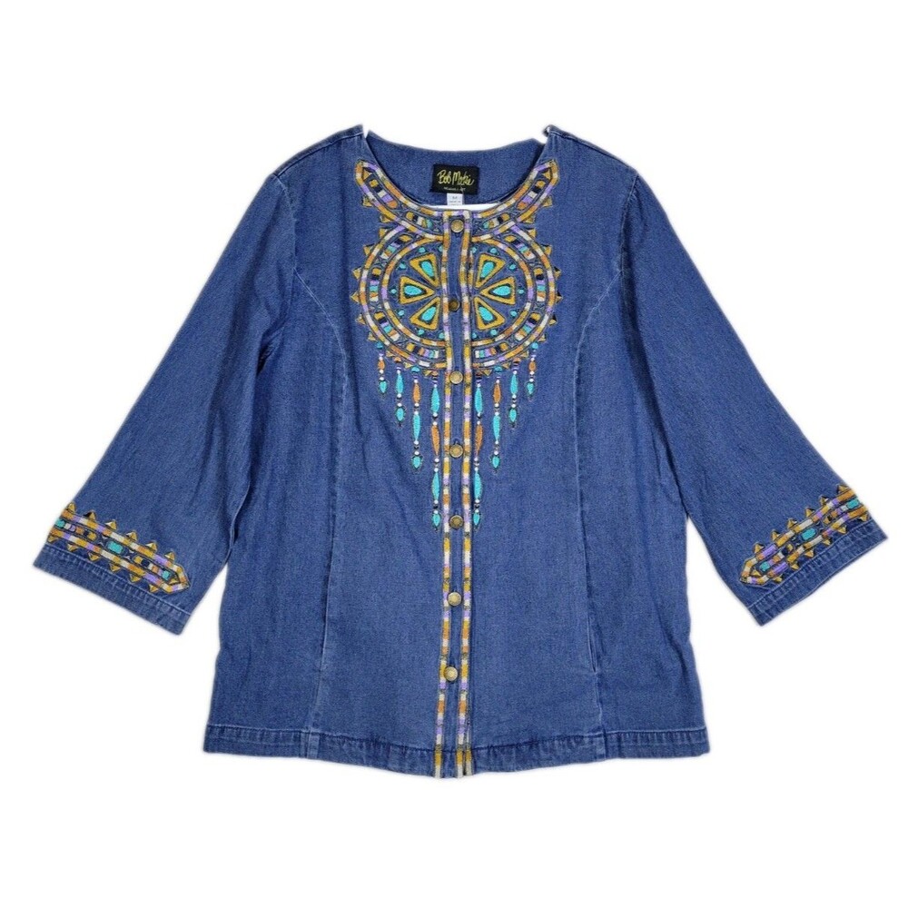 Bob Mackie Wearable Art Dreamcatcher Embroidered Button Front Medium Denim Top